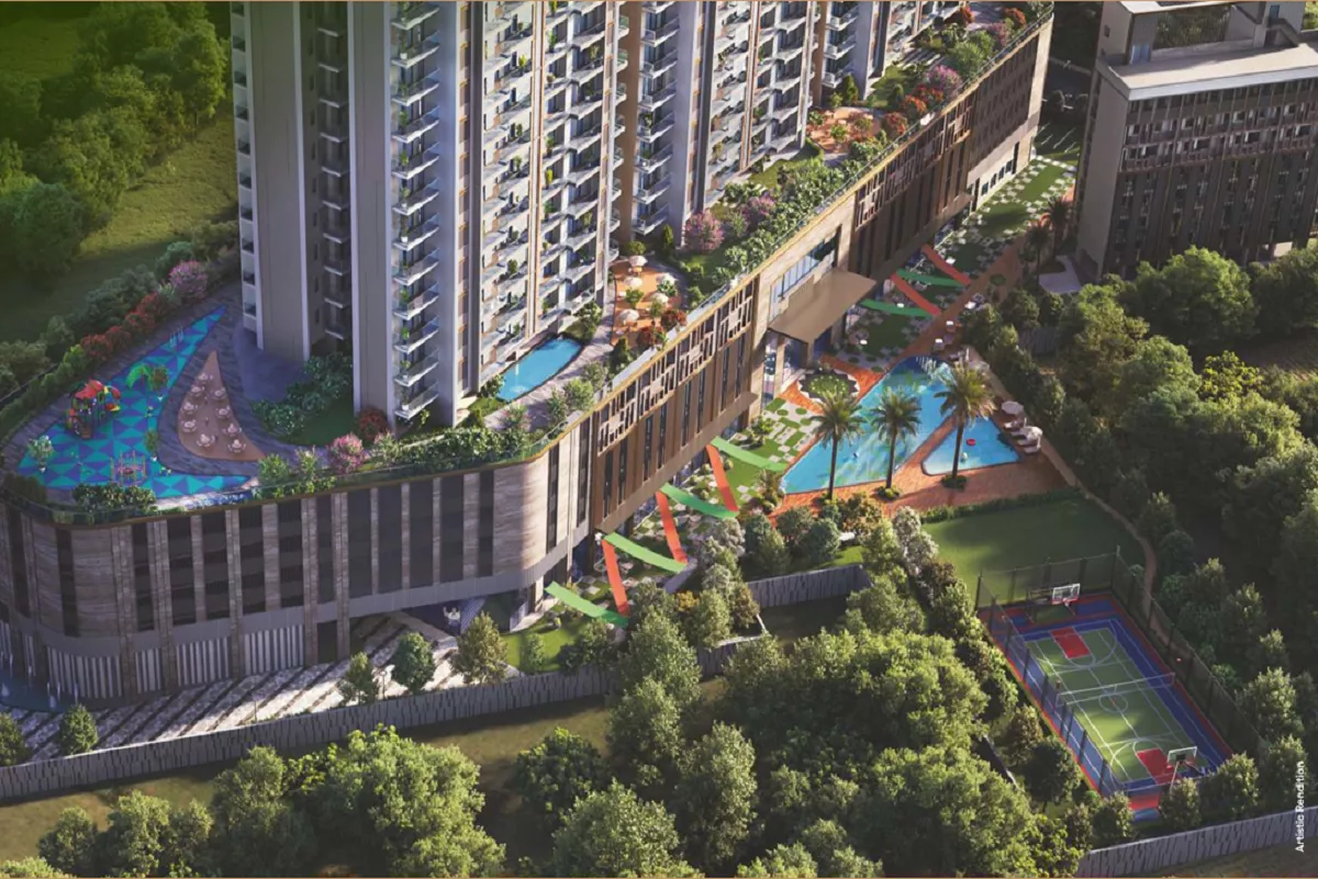 Satya Levante Residences Sector 104 Gurgaon featuring luxury residential towers, rooftop gardens, pool, and premium lifestyle amenities.