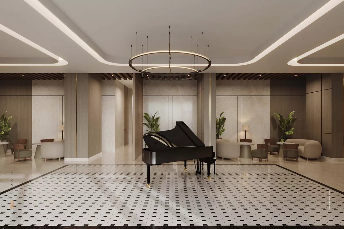 Premium entrance lobby with piano and seating area at Satya Levante Residences Gurgaon