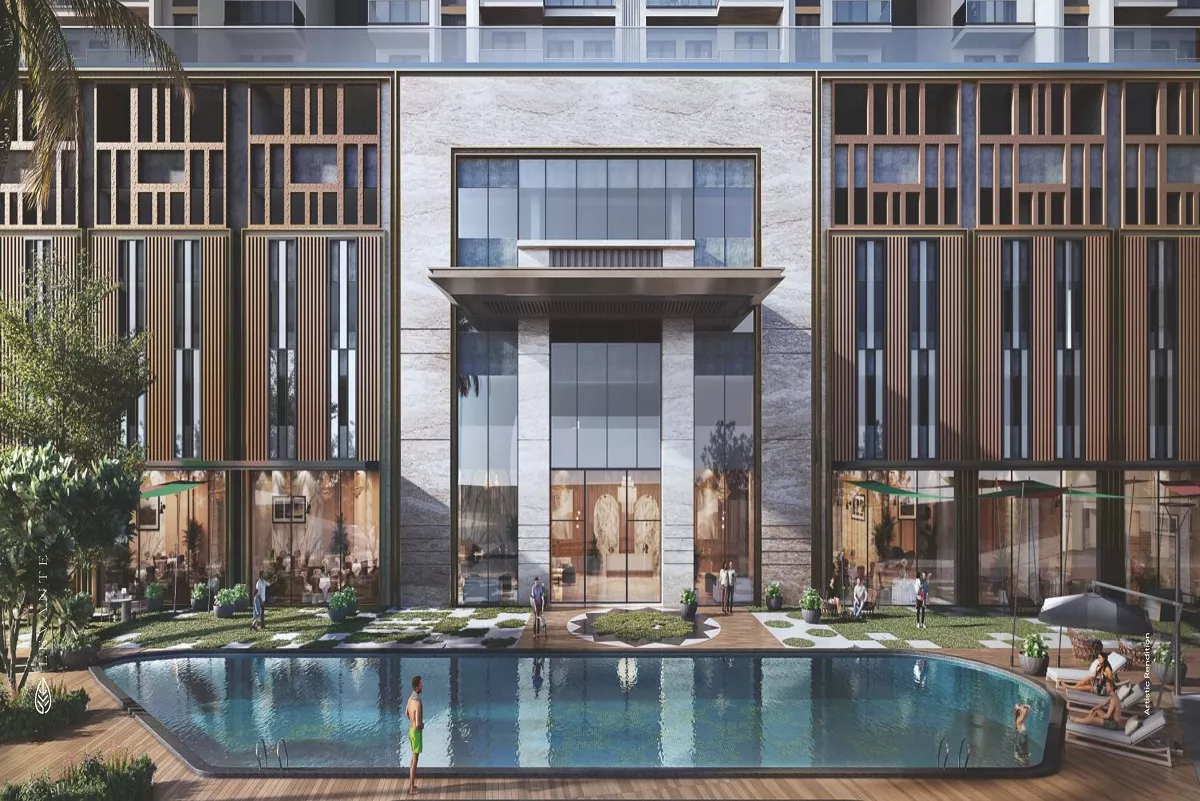 Satya Levante Residences swimming pool and clubhouse with landscaped surroundings